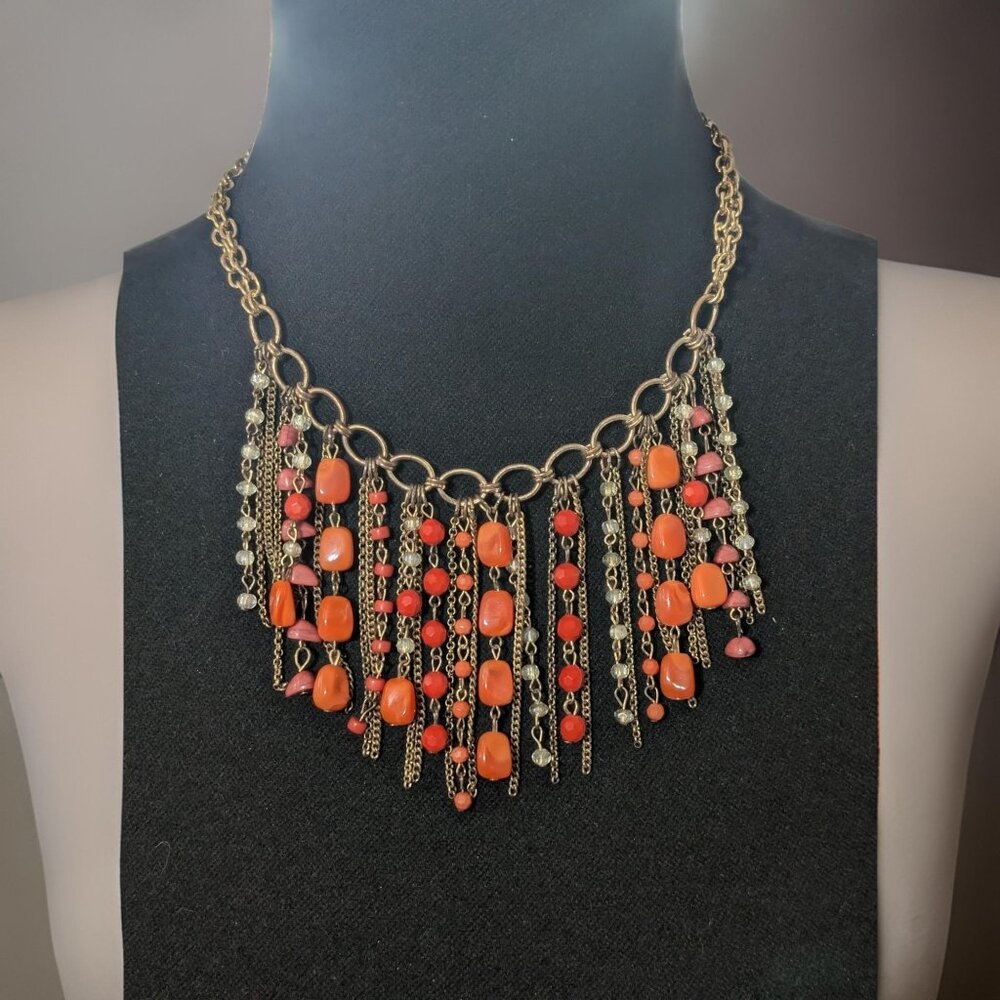 2004 Charming Charlie's Coral Colored and Gold Colored Bib Waterfall Necklace